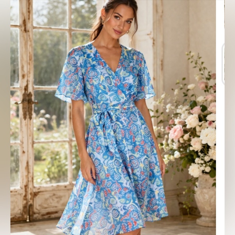 J.McLaughlin Blue floral silk blend Wrap Dress size L NWT